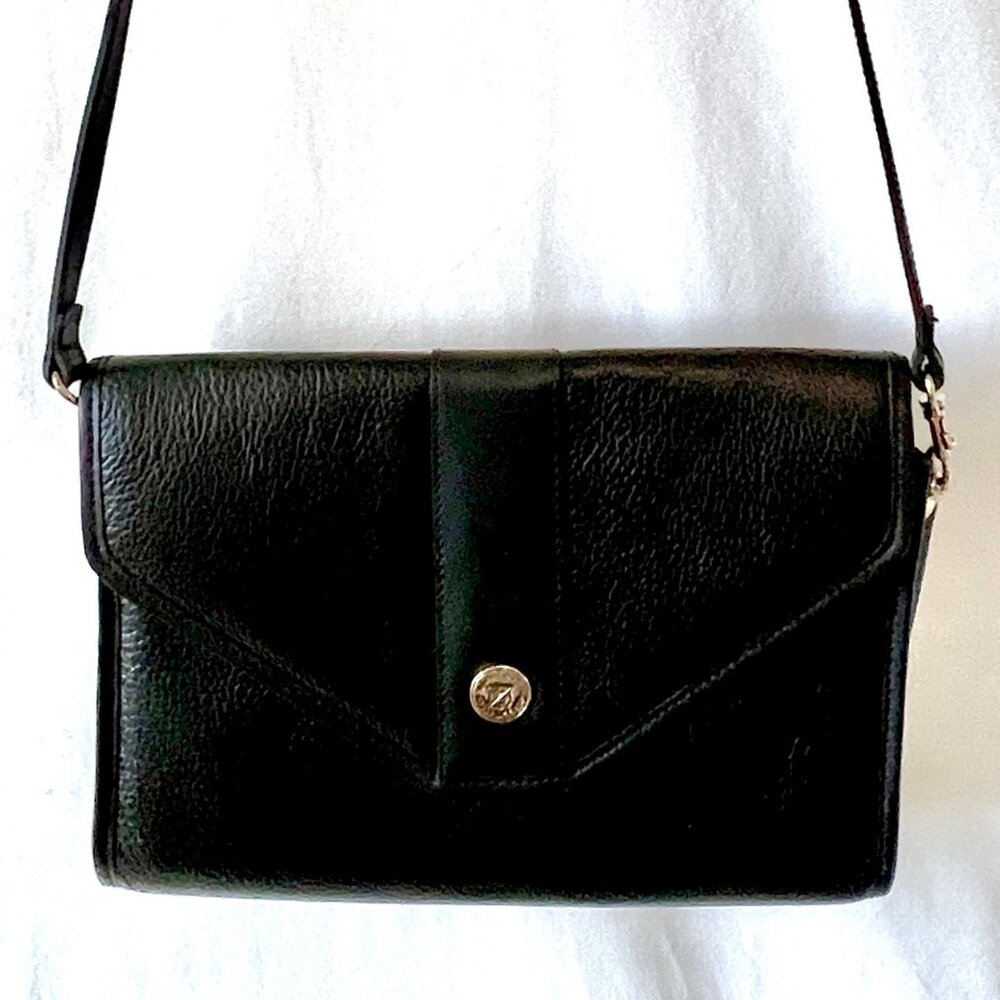 Vintage 1980's Smith Forester Crossbody Bag, Black Leather with Gold Trim EC!